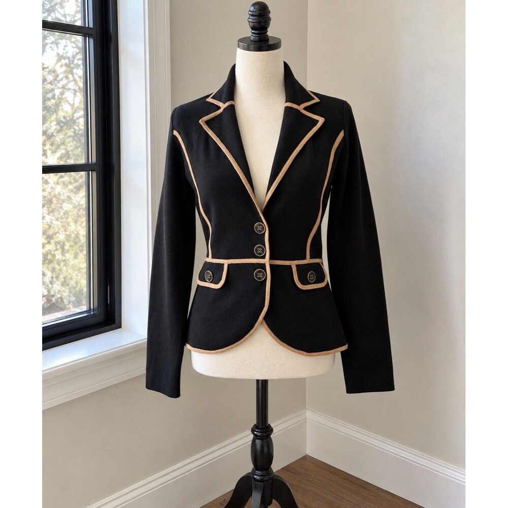 Cache Black Knit Fitted Blazer Beige Tan Trim Classic Minimalist Career Womens M